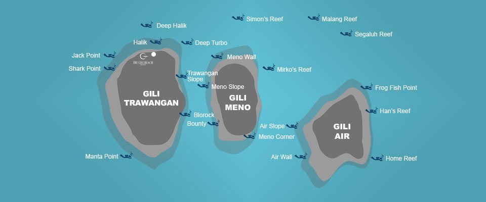 Map of the dive sites around Gili Trawangan, Gili Meno and Gili Air